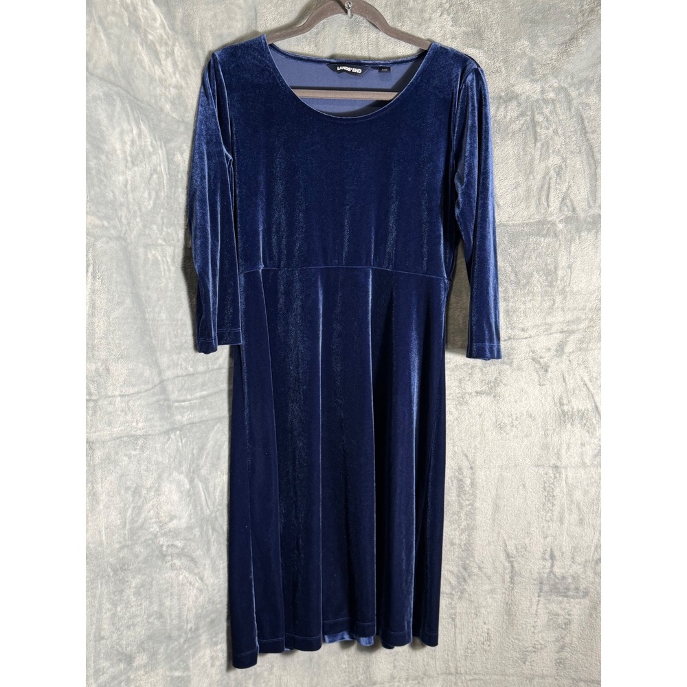 Lands End Womens Royal Blue Velvet Dress 3/4 Sleeve Fit & Flare Size S 6-8